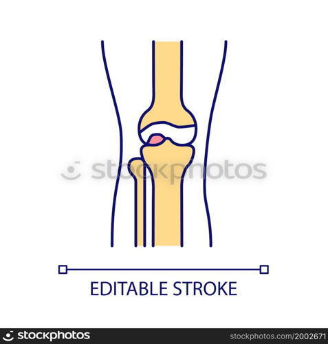 Leg bones and joints RGB color icon. Body part. Human anatomy. Joints and bones disorder. Arthritis. Knee trauma and injury. Isolated vector illustration. Simple filled line drawing. Editable stroke. Leg bones and joints RGB color icon