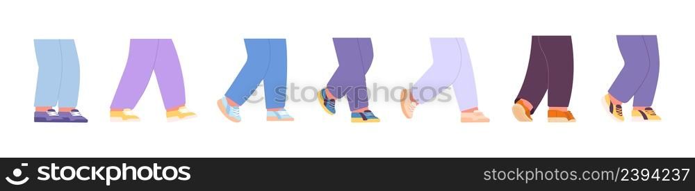 Leg in sport shoes. Diverse legs staying, running going. Isolated flat motion elements. Fashion different sneakers, sporty lifestyle vector set. Illustration of footwear pair, shoe walking. Leg in sport shoes. Diverse legs staying, running going. Isolated flat motion elements. Fashion different sneakers, sporty lifestyle vector set