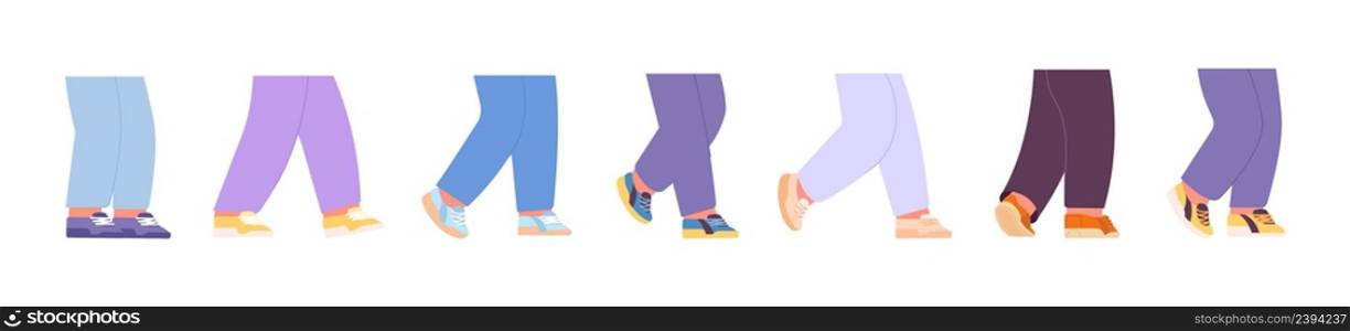 Leg in sport shoes. Diverse legs staying, running going. Isolated flat motion elements. Fashion different sneakers, sporty lifestyle vector set. Illustration of footwear pair, shoe walking. Leg in sport shoes. Diverse legs staying, running going. Isolated flat motion elements. Fashion different sneakers, sporty lifestyle vector set