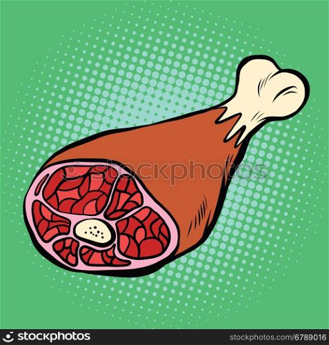 Leg meat, smoked delicacies, pop art retro vector illustration