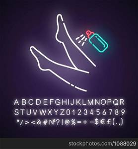 Leg spray neon light icon. Shin hair removal process step. Moisturizing, skin care after depilation. Beauty treatment. Glowing sign with alphabet, numbers and symbols. Vector isolated illustration