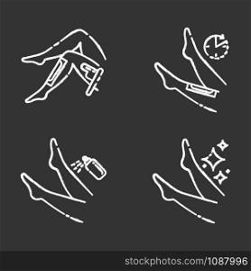 Leg waxing beige chalk icons set. Shin hair removal with natural cold, hot wax process. Female body depilation steps. Professional beauty treatment at home. Isolated vector chalkboard illustrations