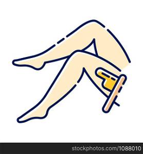 Leg waxing beige color icon. Female body hair removal procedure. Depilation with natural soft hot wax. Professional beauty treatment. Clean and silky skin. Isolated vector illustration