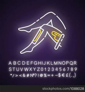 Leg waxing neon light icon. Shin hair removal procedure. Depilation with natural soft hot wax, sugaring. Glowing sign with alphabet, numbers and symbols. Vector isolated illustration