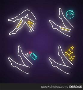 Leg waxing neon light icons set. Shin hair removal with natural cold, hot wax process. Female body depilation steps. Professional beauty treatment at home. Glowing signs. Vector isolated illustrations