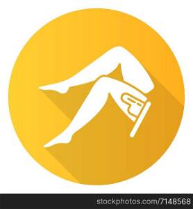 Leg waxing orange flat design long shadow glyph icon. Female hair removal procedure. Depilation with natural soft hot wax. Professional beauty treatment. Vector silhouette illustration