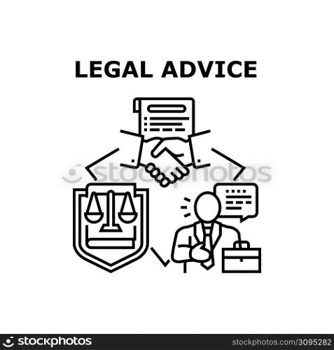 Legal Advice Vector Icon Concept. Legal Advice Of Lawyer Or Notary Worker, Client Signing Contract With Professional Notarial Company Employee Or Advocate. Law Protection Business Black Illustration. Legal Advice Vector Concept Black Illustration