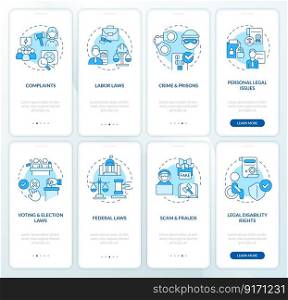 Legal cases blue onboarding mobile app screen set. Laws, regulations walkthrough 4 steps editable graphic instructions with linear concepts. UI, UX, GUI template. Myriad Pro-Bold, Regular fonts used. Legal cases blue onboarding mobile app screen set
