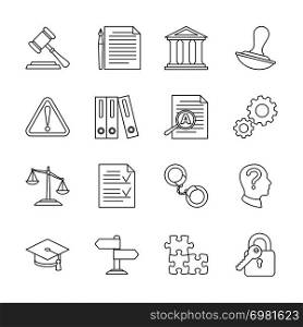 Legal compliance and regulation vector line icons. Law and legal regulation, document and governance illustration. Legal compliance and regulation vector line icons