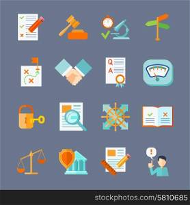 Legal compliance deal protection and copyright regulation flat icons set isolated vector illustration. Legal Compliance Icons Set