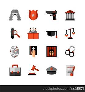 Legal Law Flat Icons Set . Legal law symbols flat icons collection with bible oath and court jury conviction verdict abstract isolated vector illustration