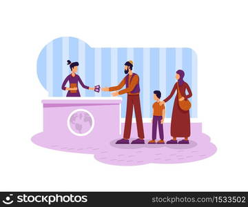 Legal migration 2D vector web banner, poster. Refugees muslim family flat characters on cartoon background. Immigrants getting residency visa printable patch, colorful web element. Legal migration 2D vector web banner, poster