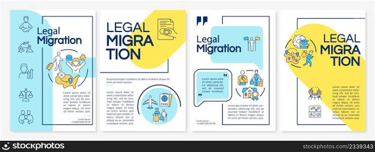 Legal migration blue and yellow brochure template. Relocation to other country. Leaflet design with linear icons. 4 vector layouts for presentation, annual reports. Questrial, Lato-Regular fonts used. Legal migration blue and yellow brochure template