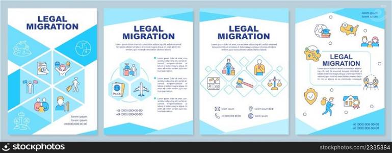 Legal migration blue brochure template. Relocation abroad. Leaflet design with linear icons. 4 vector layouts for presentation, annual reports. Arial-Black, Myriad Pro-Regular fonts used. Legal migration blue brochure template