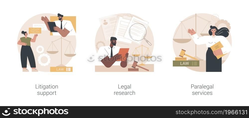 Legal outsourcing abstract concept vector illustration set. Litigation support, legal research, paralegal services, attorney assistant, forensic accounting, law firm, affidavit abstract metaphor.. Legal outsourcing abstract concept vector illustrations.