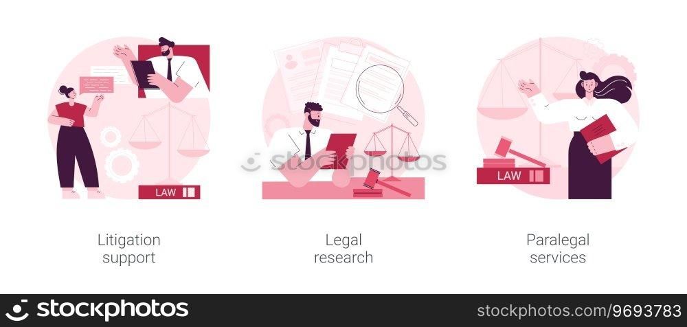 Legal outsourcing abstract concept vector illustration set. Litigation support, legal research, paralegal services, attorney assistant, forensic accounting, law firm, affidavit abstract metaphor.. Legal outsourcing abstract concept vector illustrations.