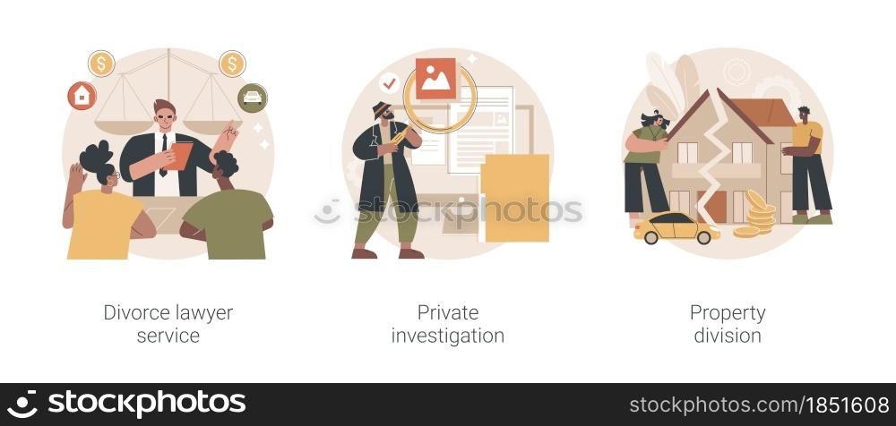 Legal service and investigation abstract concept vector illustration set. Divorce lawyer, private investigation, property division, family lawyer, detective agency, separation abstract metaphor.. Legal service and investigation abstract concept vector illustrations.
