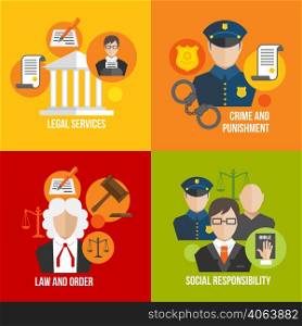 Legal services crime and punishment law and order social responsibility icons set isolated vector illustration