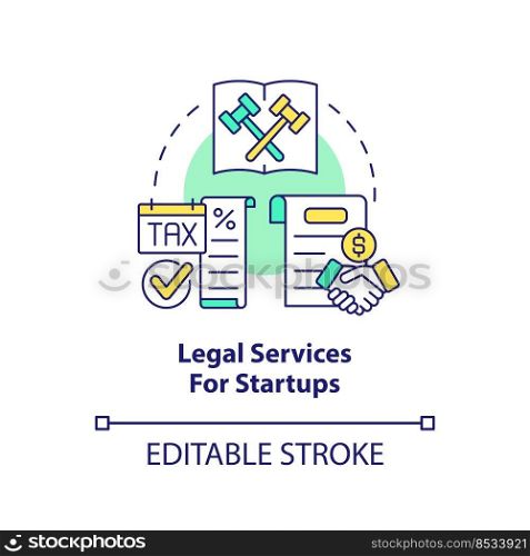 Legal services for startups concept icon. Way to support startup business abstract idea thin line illustration. Isolated outline drawing. Editable stroke. Arial, Myriad Pro-Bold fonts used. Legal services for startups concept icon