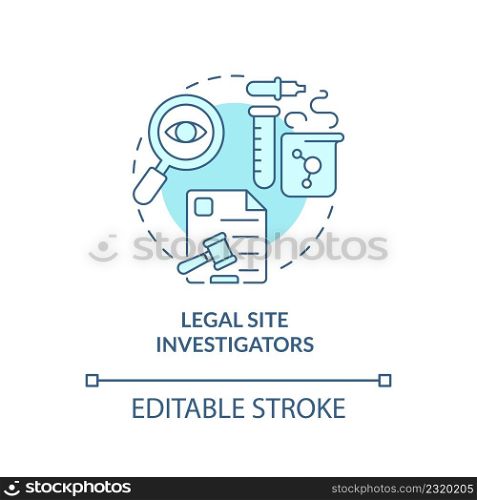 Legal site investigators turquoise concept icon. Safety of clinical trials abstract idea thin line illustration. Isolated outline drawing. Editable stroke. Arial, Myriad Pro-Bold fonts used. Legal site investigators turquoise concept icon