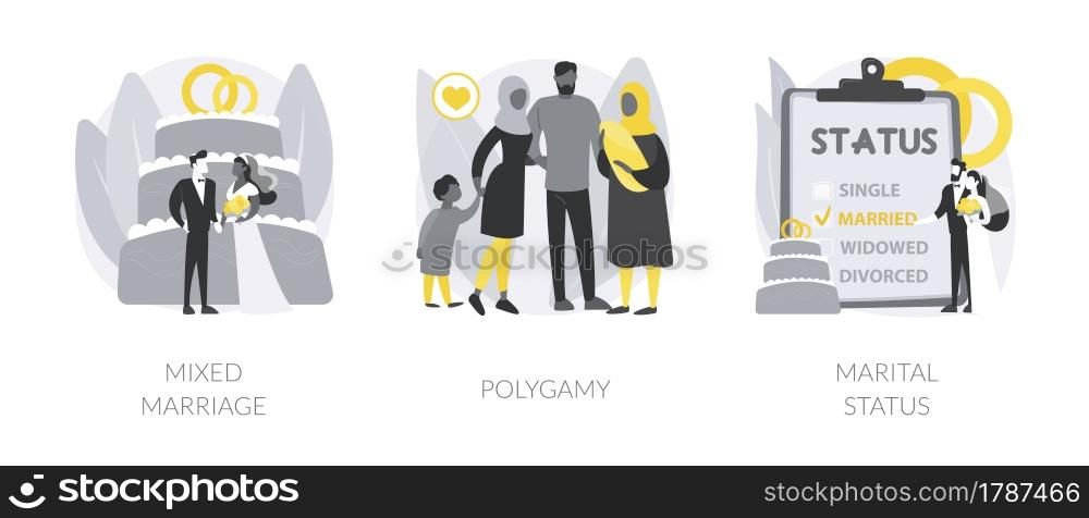 Legal status abstract concept vector illustration set. Mixed marriage, polygamy, marital status, multiracial family, persons relationship, different races and religions, wedding abstract metaphor.. Legal status abstract concept vector illustrations.