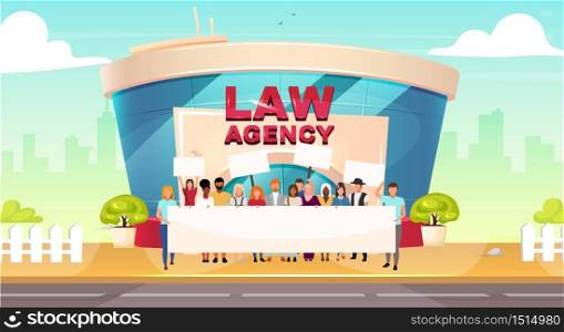 Legal strike flat color vector illustration. Public defence labor right. Group outside law agency. Urban glass building exterior. Modern 2D cartoon cityscape with activists on background