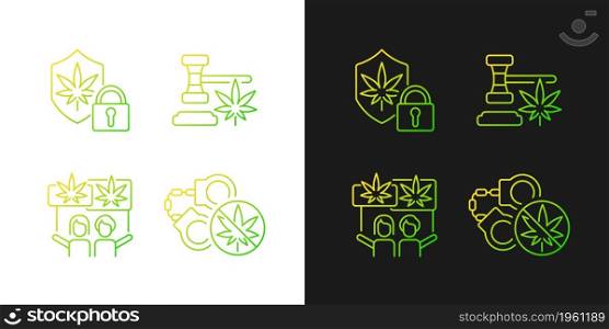 Legality of cannabis gradient icons set for dark and light mode. Marijuana dispensary. Thin line contour symbols bundle. Isolated vector outline illustrations collection on black and white. Legality of cannabis gradient icons set for dark and light mode