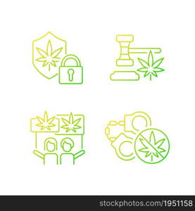Legality of cannabis gradient linear vector icons set. Marijuana dispensaries protection. Legal drug use. Law violation. Thin line contour symbols bundle. Isolated outline illustrations collection. Legality of cannabis gradient linear vector icons set
