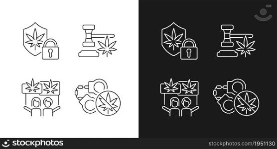 Legality of cannabis linear icons set for dark and light mode. Marijuana dispensaries protection. Legal drug use. Customizable thin line symbols. Isolated vector outline illustrations. Editable stroke. Legality of cannabis linear icons set for dark and light mode