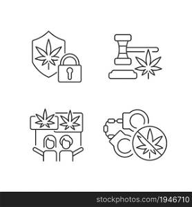 Legality of cannabis linear icons set. Marijuana dispensaries protection. Legal drug use. Law violation. Customizable thin line contour symbols. Isolated vector outline illustrations. Editable stroke. Legality of cannabis linear icons set