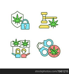 Legality of cannabis RGB color icons set. Marijuana dispensaries protection. Legal drug use. Law violation. Isolated vector illustrations. Simple filled line drawings collection. Editable stroke. Legality of cannabis RGB color icons set