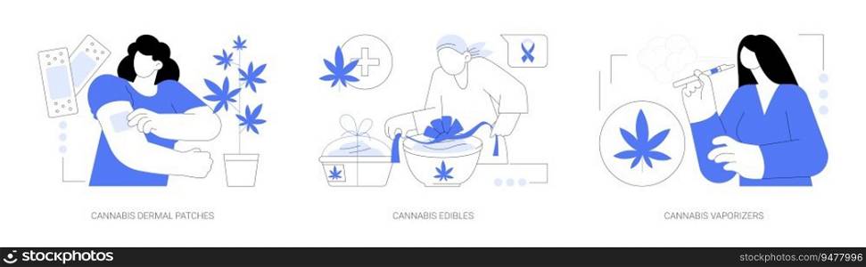 Legalized marijuana abstract concept vector illustration set. Cannabis dermal patches, marijuana edibles, herbal drug vaporizers, medical CBD products, cannabis chocolate cookies abstract metaphor.. Legalized marijuana abstract concept vector illustrations.