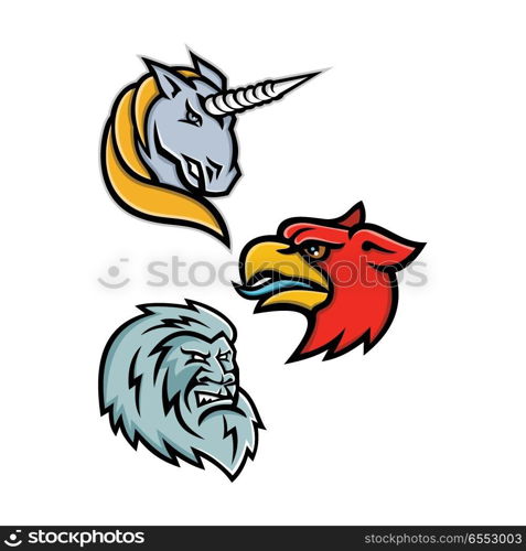 Legendary Creatures Sport Mascot Collection. Mascot icon illustration set of heads of legendary or mythical creatures like the unicorn,griffin, griffon, or gryphon, the yeti or abominable snowman viewed from side  on isolated background in retro style.. Legendary Creatures Sport Mascot Collection
