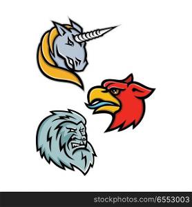 Legendary Creatures Sport Mascot Collection. Mascot icon illustration set of heads of legendary or mythical creatures like the unicorn,griffin, griffon, or gryphon, the yeti or abominable snowman viewed from side  on isolated background in retro style.. Legendary Creatures Sport Mascot Collection
