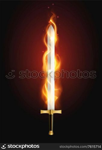 Legendary sword glowing with flame fire breathing weapon mythology supernatural power against dark background realistic vector illustration
