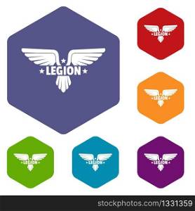 Legion wing icons vector colorful hexahedron set collection isolated on white . Legion wing icons vector hexahedron
