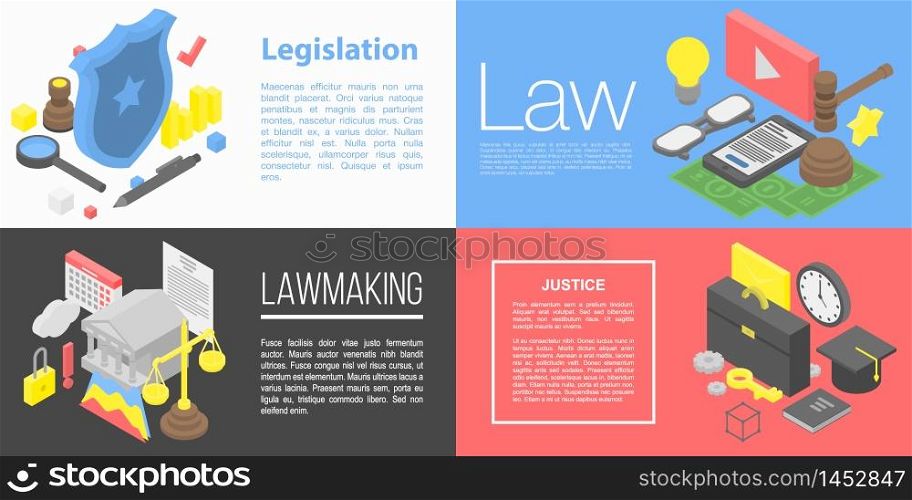 Legislation banner set. Isometric set of legislation vector banner for web design. Legislation banner set, isometric style