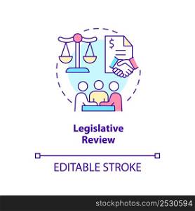 Legislative review concept icon. Public hearings. Budgeting process abstract idea thin line illustration. Isolated outline drawing. Editable stroke. Arial, Myriad Pro-Bold fonts used. Legislative review concept icon