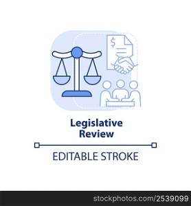 Legislative review light blue concept icon. Public hearings. Budgeting process abstract idea thin line illustration. Isolated outline drawing. Editable stroke. Arial, Myriad Pro-Bold fonts used. Legislative review light blue concept icon