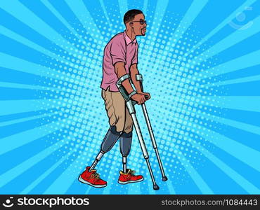 legless african veteran with a bionic prosthesis with crutches. a disabled man learns to walk after an injury. rehabilitation treatment and recovery. pop art retro vector illustration kitsch vintage drawing 50s 60s. legless african veteran with a bionic prosthesis with crutches. a disabled man learns to walk after an injury. rehabilitation treatment and recovery