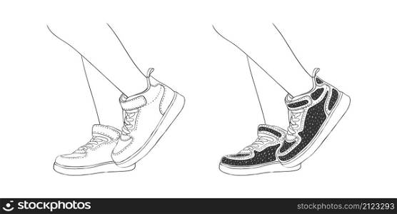 Legs in sneakers. Fashion footwear. Hand-drawn style shoes. Vector image