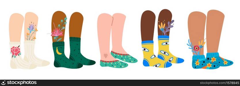 Legs in socks. Female and male feet wearing trendy fashion socks with patterns and flowers. Stylish cotton footwear with bright ornaments isolated vector doodle modern set of cute cozy accessories. Legs in socks. Female and male feet wearing fashion socks with patterns and flowers. Stylish cotton footwear with bright ornaments vector doodle modern set of cute cozy accessories
