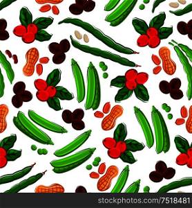 Legumes and beans background with fresh fruit and roasted bean of coffee, peanut, pods and grains of sweet pea and kidney bean seamless pattern. Vegetarian food design. Peanuts, coffee, beans and peas seamless pattern