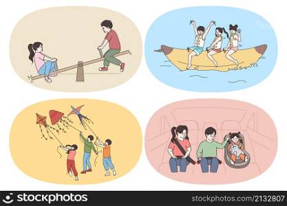 Leisure active time and happy childhood concept. Set of happy excited cheerful kids children riding on swings water banana flying kites and traveling in car vector illustration. Leisure active time and happy childhood concept.