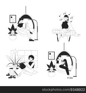 Leisure activities at home bw vector spot illustration set. Rest women 2D cartoon flat line monochromatic characters for web UI design. Relaxing alone editable isolated outline hero image pack. Leisure activities at home bw vector spot illustration set