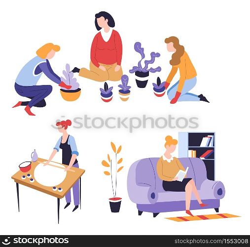 Leisure activity and hobby planting cooking or baking and reading vector women and indoor plants girl rolling up dough and female character with book on couch pastime garden and culinary education. Hobby and leisure activity planting cooking or baking and reading