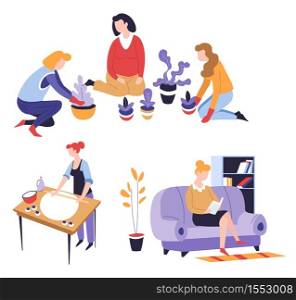 Leisure activity and hobby planting cooking or baking and reading vector women and indoor plants girl rolling up dough and female character with book on couch pastime garden and culinary education. Hobby and leisure activity planting cooking or baking and reading