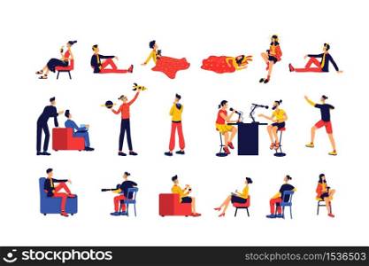 Leisure activity people flat color vector faceless character set. Entertainment and e learning. Pastime isolated cartoon illustration for web graphic design and animation collection. Leisure activity people flat color vector faceless character set