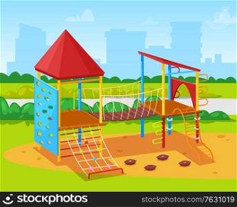 Leisure and activity for kids, and for children in city park. Cityscape with skyscrapers and igh buildings, construction with ropes and challenges. Vector illustration in flat cartoon style. Playground in City Park, Construction for Kids