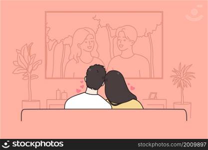 Leisure and recreation for couple concept. Young loving couple sitting backwards and watching romantic movie together at home vector illustration . Leisure and recreation for couple concept